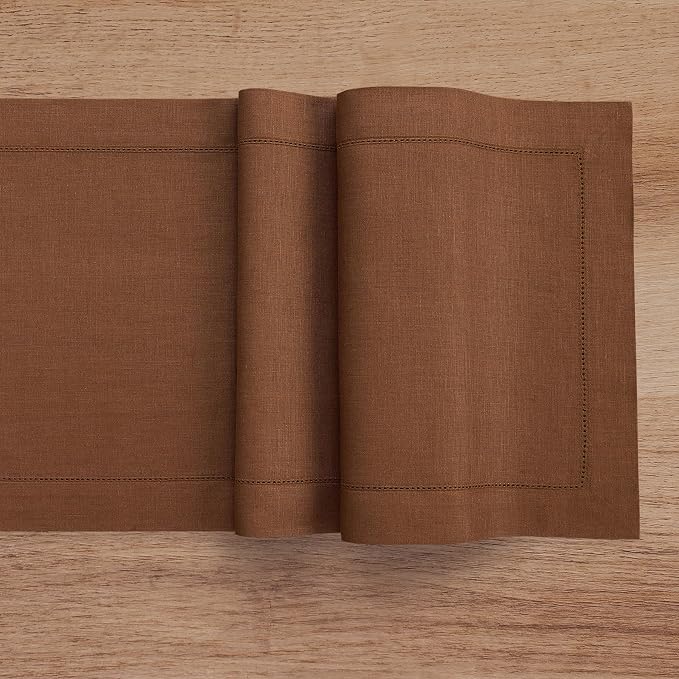 Solino Home 100% Linen Table Runner Brown, Classic Hemstitch 14 x 120 in | dresses up dining tables for everyday meals, hemstitched border, mitered corners, machine washable, Brown, OEKO-TEX Certified