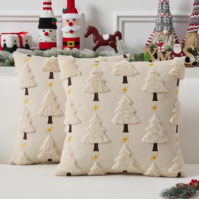 UGASA Star Christmas Decorative Pillow Covers 18x18 Inch Set of 2 Soft Plush Faux Fur Jacquard Throw Pillows Pillowcases for Couch Sofa Holiday Festivals Winter Home Decor, Beige