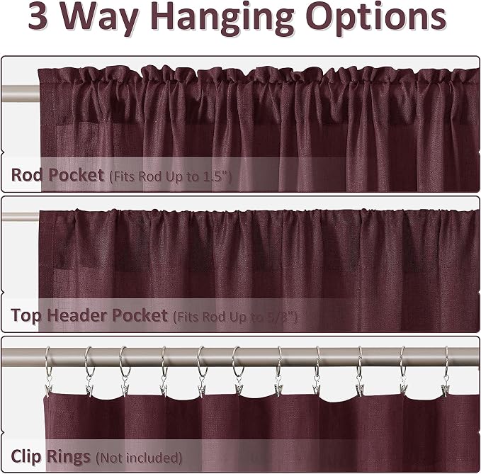 Burgundy Linen Curtains 102 Inches Long 2 Panel Set Rod Pocket Semi Sheer Dining Room Cozy Bedroom Decor Cotton Look Country Rustic Farmhouse Boho Curtains 52x102