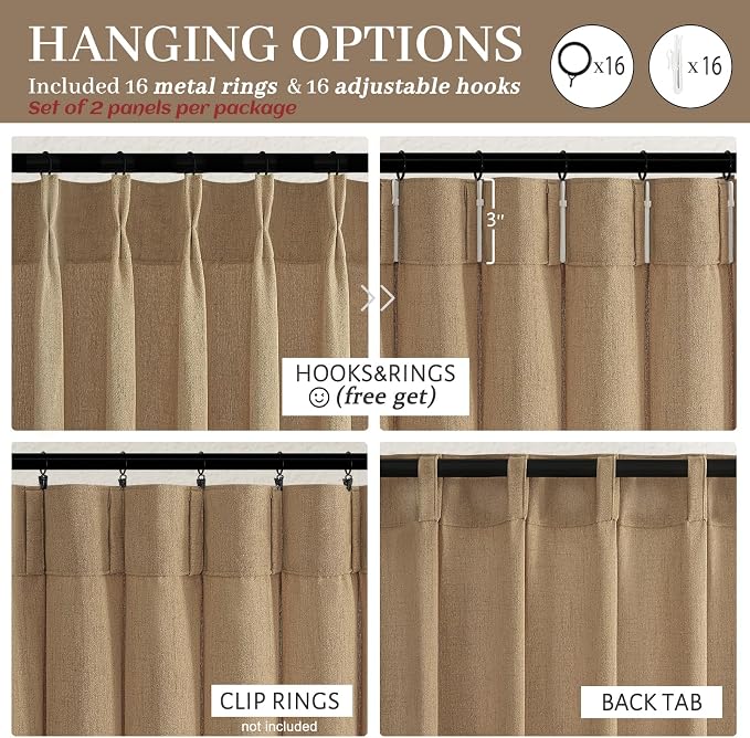 Extra Long Rust Brown Semi Sheer Living Room High Ceiling Curtains 108 Inch 2 Panels Set, Memory Shape Pinch Pleated Linen Blend Light Filtering Elegant Curtain & Drapes for Large Window 40"W x 108"L
