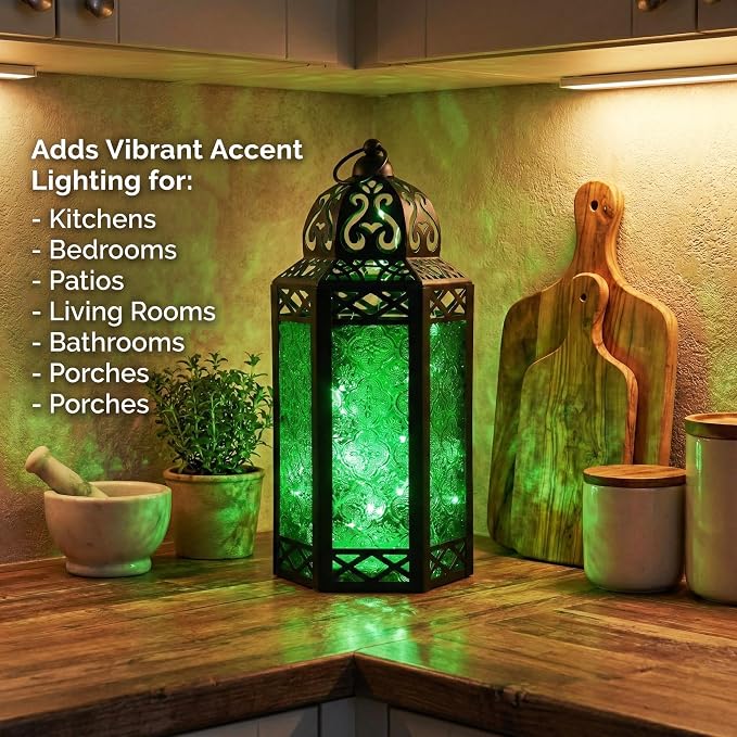 Vela Lanterns Decorative Indoor Fairy Light Candle Holder, Green, L | Fantasy Moroccan Lamp, Enchanted Forest Decor, Green Halloween & St Patricks Day, Metal Hanging Flameless LED, 12" Tall