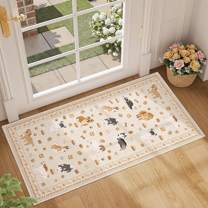 DUKINO 2x4 Rug Runner, Washable Dog Bathroom Rug Soft Non Slip Beige Yellow | Low Pile, Non-Shedding, Stain Resistant, Indoor Animal Carpet Runner for Kitchen Entryway Hallway Laundry Farmhouse Bedroom