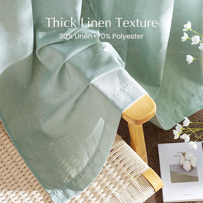 NICETOWN Linen Blend Sage Green Curtains 96 inches Long, Rod Pocket & Back Tab Light Filtering Semi Sheer Window Treatments Privacy Added Drapes for Living Room, W55 x L96, 2 Panels