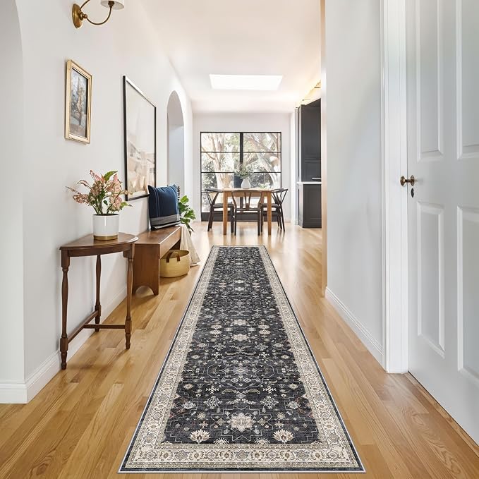 Hallway Washable 2'6x12 Runner Rug - Vintage Kitchen Rugs Non-Slip Soft Thin Farmhouse Carpet for Entryway Low Pile Indoor Floor Decor Mat for Bathroom Living Room Bedroom (Black/Multi,2'6"x12')