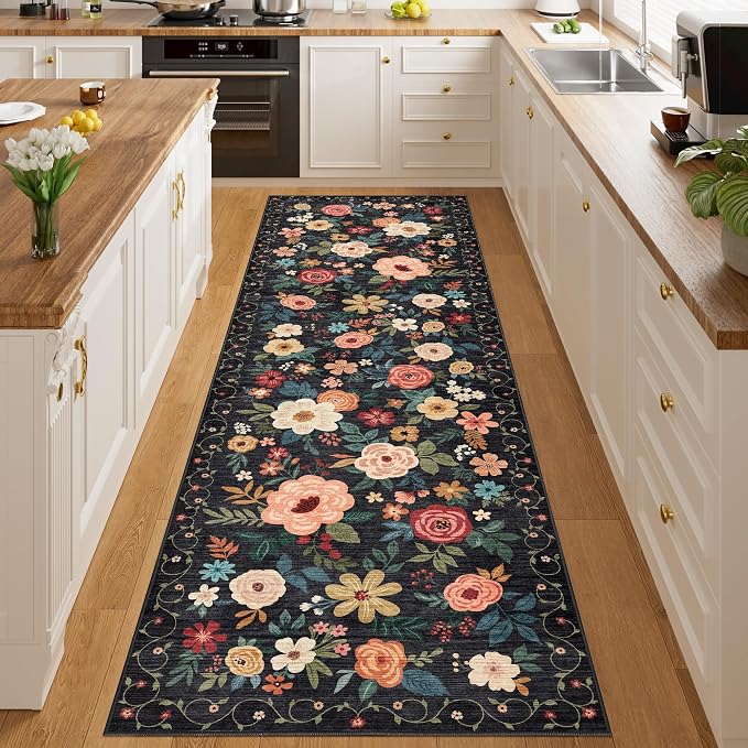 DUKINO 3x10 Runner Rug, Floral Washable Kitchen Runner Rug Non Slip, Black | Soft, Low Pile, Stain Resistant Indoor Rug Runner for Hallway, Entryway, Bedroom, Bathroom, Modern Home Decor, Pet Friendly