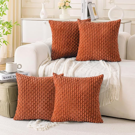 Set of 4 Burnt Orange Decorative Throw Pillow Covers 16x16 Inch Corduroy Pillow Covers for Bed Couch Sofa Living Room Soft Square Cushion Cases