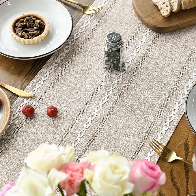 Artoid Mode Brown Rustic Cotton Linen Table Runner, Seasonal Embroidered Hollow Kitchen Dining Table Decoration for Home Party Decor 13x108 Inch