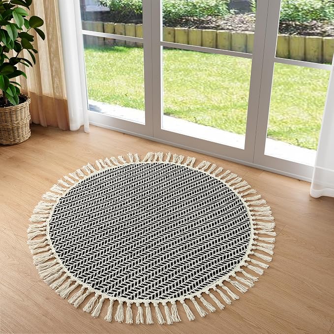 Lahome Boho Black and White Round Rug 3ft, Small Circle Bathroom Rugs | Lightweight Washable Rugs for Entryway with Tassels, Farmhouse Woven Cotton Non Shedding Mat for Dorm Bedroom Kitchen