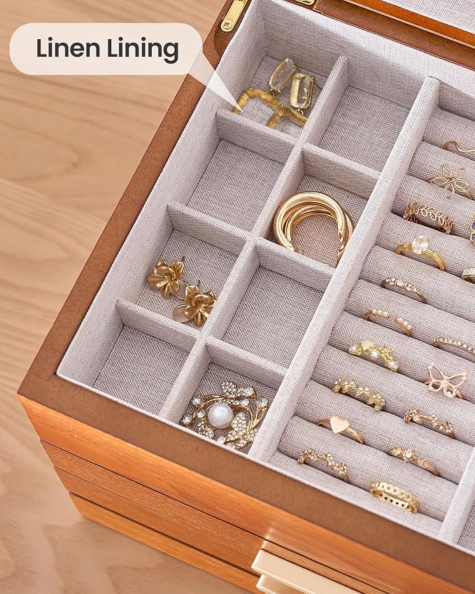 Lolalet Jewelry Box, Clear Window Wood Jewelry Storage for Earrings Bracelets Necklaces Rings, High Capacity Organizer for Women, Valentine's Day Gift -Cherrywood, 4 Layers