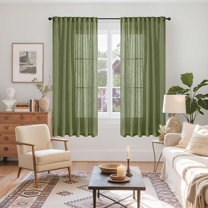 YoungsTex Olive Green Linen Semi Sheer Curtains 63 Inch Length - Light Filtering Drapes with Back Tab Rod Pocket Lightweight for Living Room Window, 2 Panels, 52 X 63 Inch