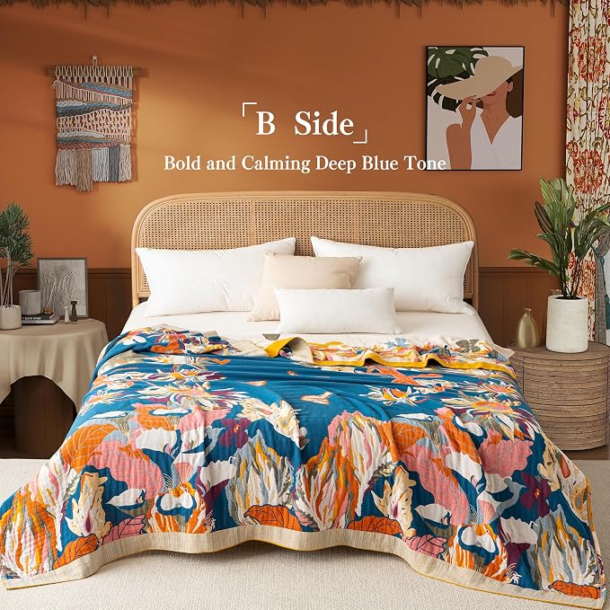 Phuryllic Boho Throw Blanket Full Size, Extra Large Soft Cozy Cotton Muslin Quilt Blanket for Bed Decor, Floral Patterned Couch Sofa Chair Cover, Vintage Farmhouse Cottage Woven Blanket, Yellow&Blue