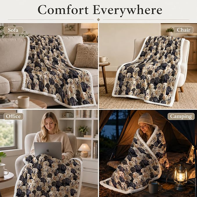 BlessLiving Throw Blanket, Dog Black Animal Puppy, 50x60 in | sherpa fleece fabric, Labrador Retriever Dense Golden Pet Blankets print, for couch or sofa, pet lovers, easy machine care