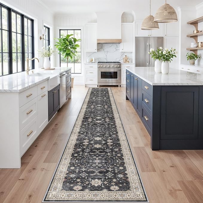 3x20 Washable Hallway Runner Rug - Non-Slip Kitchen Rugs with Rubber Backing Vintage Low Pile Soft Thin Extra Long 20ft Carpet Runners for Indoor Entryway Living Room(Black/Multi,3x20)