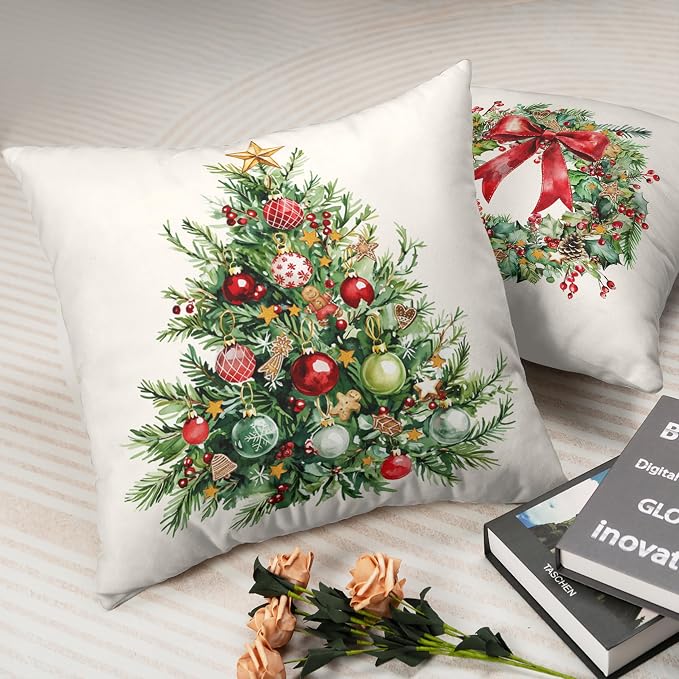 Set of 2 Christmas Tree Pillow Covers Xmas Wreath Throw Pillow Covers Red and Green Decorative Pillow Case 20x20 Winter Holiday Cushion Case for Home Decor Couch Sofa