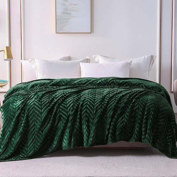 Whale Flotilla Flannel Fleece Bed Blanket King Size, Emerald Green | Lightweight Breathable Soft Bedspread, Plush Fluffy Coverlet Chevron Design Decorative Blanket for All Season, 90x104 Inch