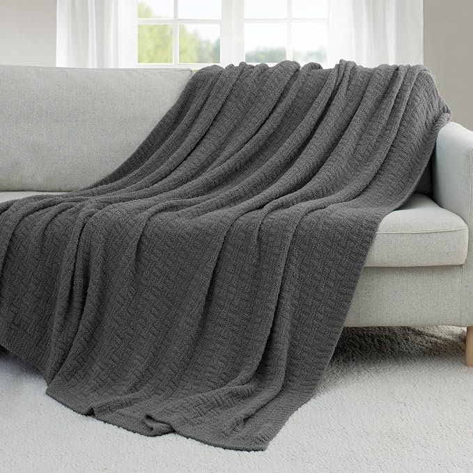 Grey Ultra Soft Knit Throw Blanket for Couch,60"X80" Microfiber Fluffy Cozy Warm Knitted Blankets with Checked Pattern for Sofa Bed