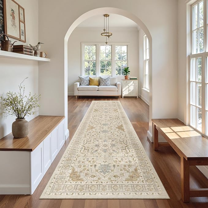 Madane Hallway Runner Rug 2'6''x10' Kitchen Runners Vintage, Beige/Blue | Non-Slip Washable Wide Rugs 2.5x10 Ft for Entryway Laundry and Bedroom, Soft Low Pile Stain-Resistant 10ft Floor Carpet