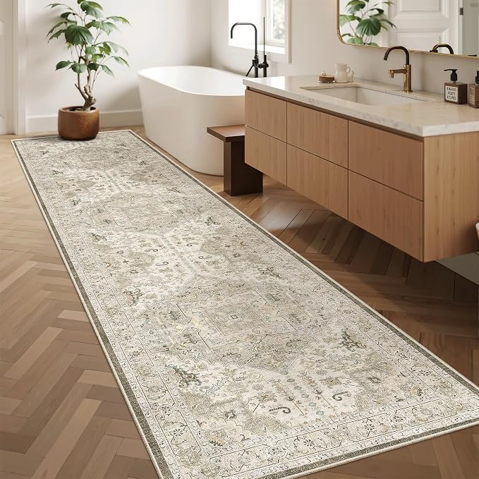 Madane Hallway Runner Rug 2'6''x10' Kitchen Runners Vintage, Ivory/Brown | Non-Slip Washable Rugs 10ft for Laundry Room, Entryway and Bedroom, Soft Low Pile Stain-Resistant Wide 2.5x10 Ft Floor Carpet