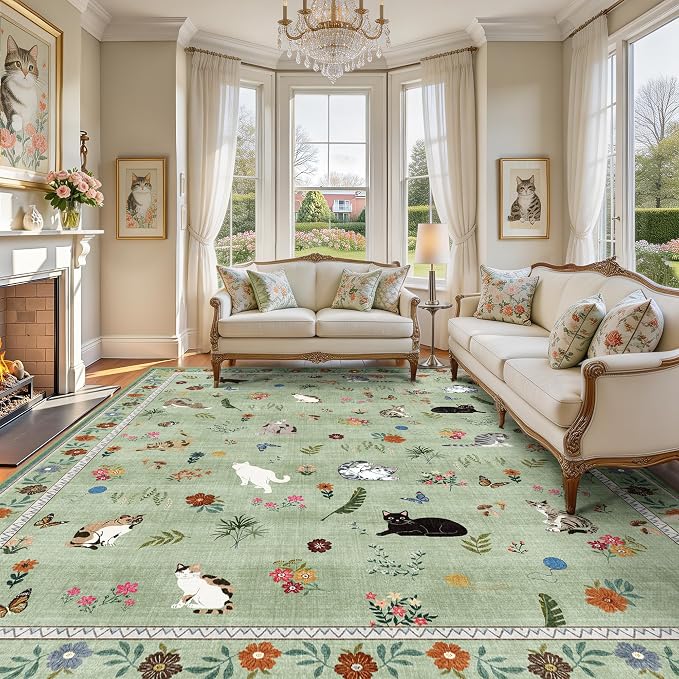 AIMPEAK Large Green 8x10 Washable Area Rug - Non Slip Low Pile Cat Floral Vintage Boho Large Carpet for Living Room, Bedroom, Farmhouse, Dining Room, Nursery, Girls Room, Kids Playroom, Green Multi