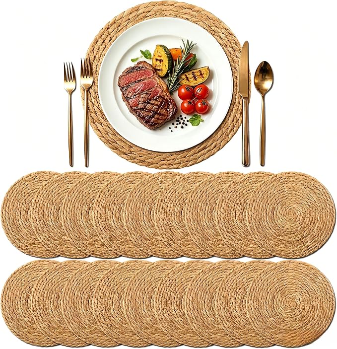 13.8 Inch Round Woven Placemats Set of 18, Rattan Chargers for Dinner Plates, Rattan Wicker Table Mats Jute Braided, Boho Farmhouse Rustic Braided Place Mats for Kitchen Dining Party Decor