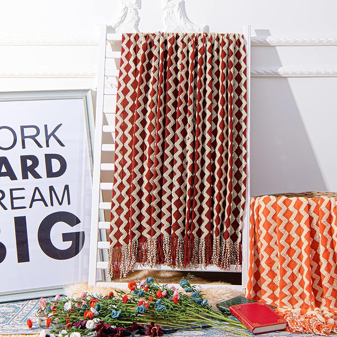 NTBAY Acrylic Knit Throw Blanket, 51 x 67, Red and White Striped | Lightweight Acrylic Wave-Knit Throw with 7 Inch Tassels for Sofa, Bed, Reading, Travel, and Decorative Layering