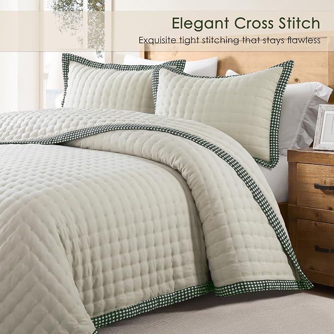 WDCOZY Wheat Cloud Quilt Set Queen Size, Lightweight Soft Cross Stitch Bedspread, Farmhouse Rustic Country Coverlet, Spring Summer Thin Comforter, 3 Pieces, 2 Pillow Shams, 90x90 inches