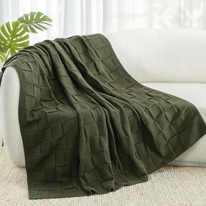 Whale Flotilla Checkered Knit Throw Blanket for Couch, Olive | Soft Decorative Knitted Blankets for Couch Sofa Bed, Lightweight Cozy Throws for Spring Summer, 50x60 Inch