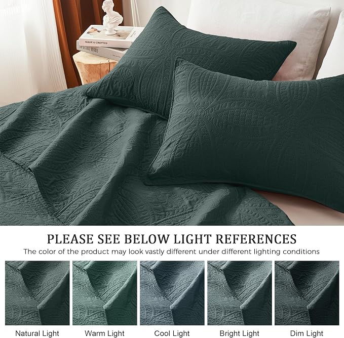 akkialla Mocha Forest Green Full/Queen Quilt Set,Ultrasonic Lightweight Bedspread Coverlet for Modern Minimalist Bedroom,Soft Microfiber Coin Pattern Bedding,3-Piece (1 Quilt,2 Pillow Shams)