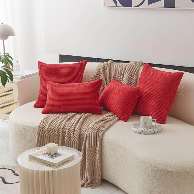 Home Brilliant Red Pillow Covers 20x20 Set of 2 Super Soft Corduroy Stripes Velvet Decorative Throw Pillow Covers for Couch Patio, 20 x 20 Inches, Red