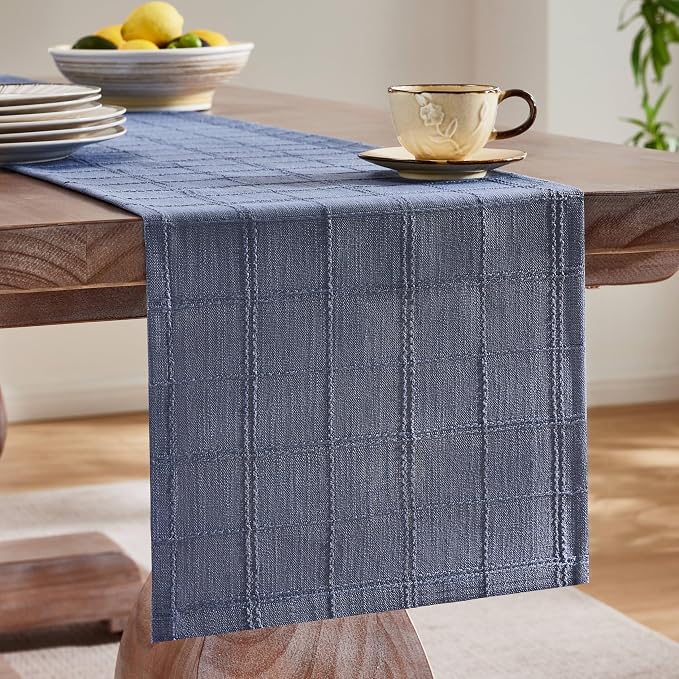 ZeeMart Linen Checked Farmhouse Table Runner, 13x72 Inches Blue | Raised Grid Design, Rich Woven Texture, Linen Blend Table Runners 72 Inches Long, Machine Washable, Boho Home Kitchen Decor