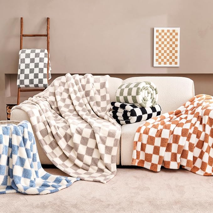 Gray Checkered Throw Blanket, Soft Plush Microfiber Fleece Blanket for Couch Sofa Travel, Cozy Decorative Home Blanket, All Season, 50x60 Inches
