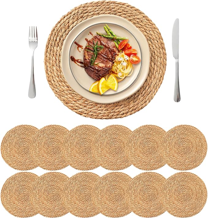 13.8'' Round Woven Placemats Set of 12, Boho Wicker Chargers, Terrekraft | Handmade from Natural Water Hyacinth, Heat-resistant & Non-slip Rattan Chargers, Rustic Farmhouse Decor, Party & Daily Dining