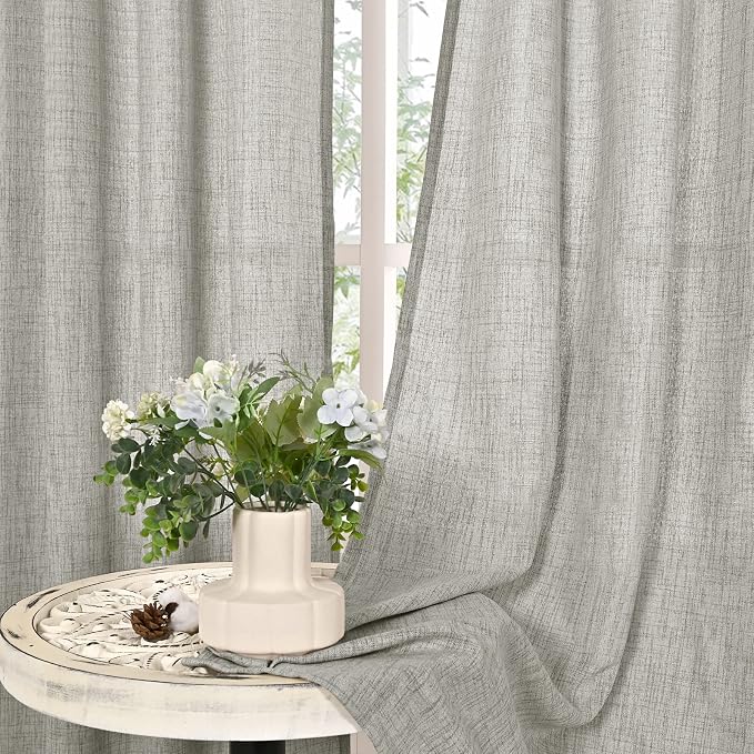 YoungsTex Light Grey Linen Curtains 48 Inch Length, Short Light Filtering Drapes Semi Sheer with Bronze Grommet Lightweight for Bedroom Living Room Windows, 42 x 48 Inch, 2 Panels