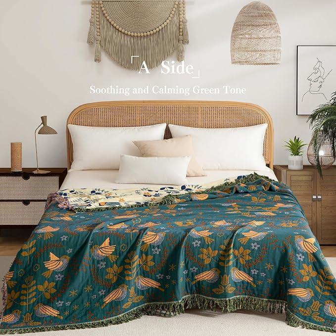 Phuryllic Boho Throw Blanket Full Size, Extra Large Soft Cozy Cotton Muslin Quilt Blanket for Bed Decor, Bird Patterned Couch Sofa Chair Cover, Vintage Farmhouse Cottage Woven Blanket, Green&Beige