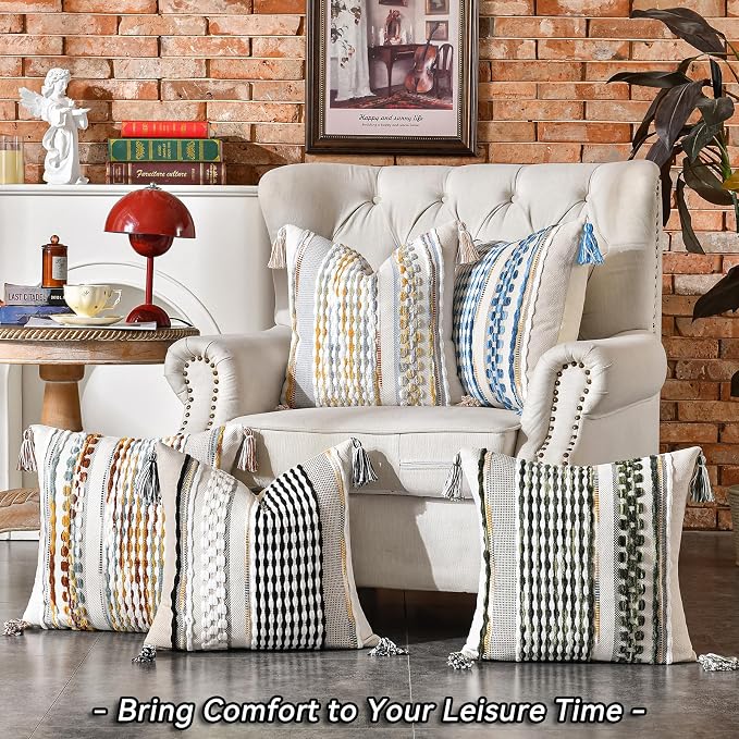 AmHoo Set of 2 Chenille Striped Textured Boho Throw Pillow Covers Aesthetic with Tassels Woven Decorative Pillow Case for Couch Bed Sofa Bedroom Modern Funky 18 x 18-Inch Sage Green