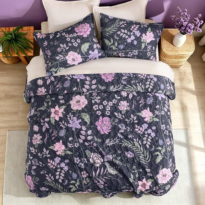 Litanika Floral Dark Purple Quilt Set- 3Pcs Botanical Birds Pattren Bed | Super King Bedspread Summer Lightweight Soft Coverlet with Pink Flower for All Seasons (120"x120")