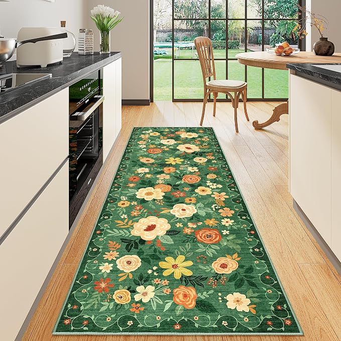 DUKINO 2.6x8 Runner Rug, Washable Rug for Hallway Non Slip, Dark Green | Low Pile, Soft, Floral Indoor Rug for Kitchen, Entryway, Bedroom, Bathroom, Pet Friendly, Stain Resistant, Modern Home Decor