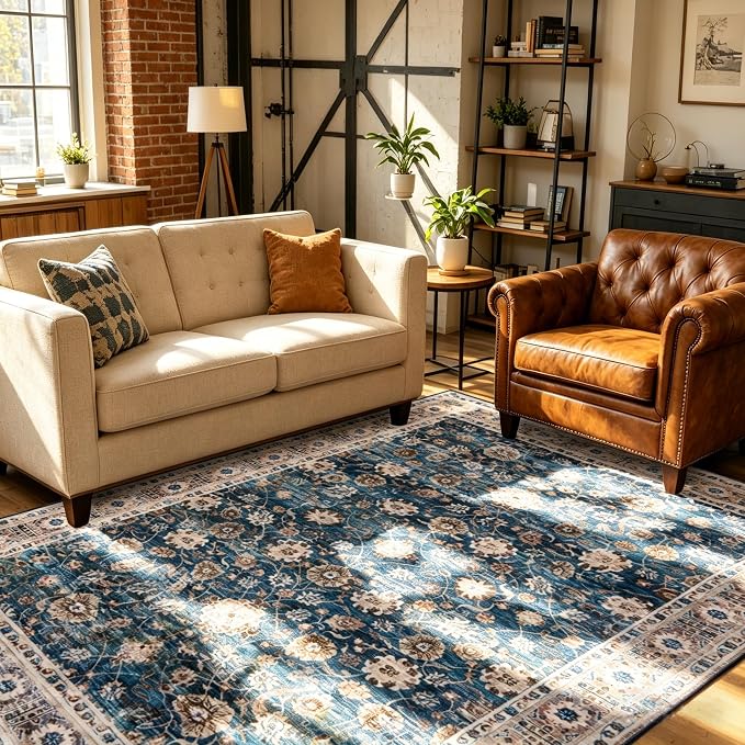 5x7 Washable Rug for Living Room, Non Slip Carpet for Bedroom | Soft faux wool, machine washable & stain resistant. Non-slip rubber backing, low pile. For living room, bedroom, office.Blue.