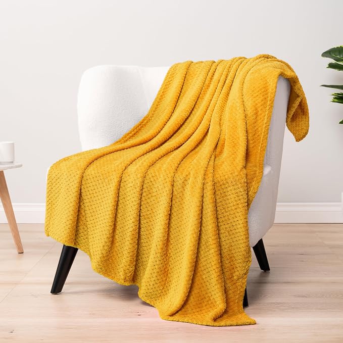 PAVILIA Mustard Yellow Fleece Throw Blanket for Couch Sofa Bed, Soft Fuzzy Waffle Jacquard Microfiber, Warm Lightweight Fade-Resistant Decorative All Season Throw, 50x60