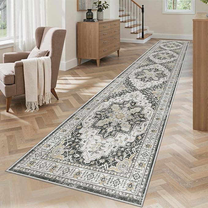 Madane Washable Runner Rugs 2x10 Long for Hallway Kitchen, Black | Non-Slip Low-Pile 10ft Rug Runners Soft, Stain-Resistant Floor Carpet Mat for Entrance, Living Dining Laundry Room, Stair