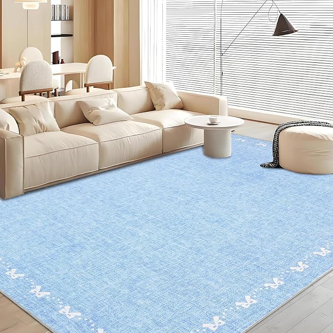 COZYLOOM 8x10 Bow Rug for Bedroom, Large Printed Nursery Rug with Non Slip Backing, Stain Resistant Non Shedding Modern Farmhouse Rugs Low Pile Soft Bordered Carpet for Bedroom, Dining Room, Blue