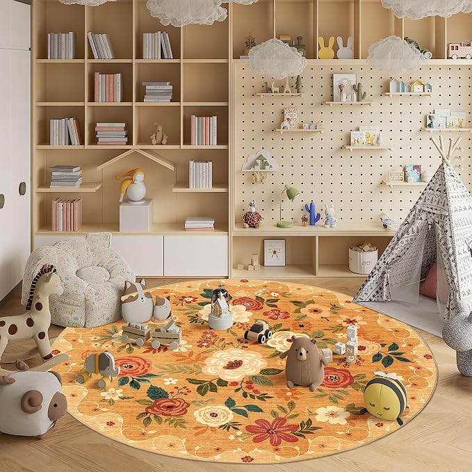 DUKINO 6ft Round Rug, Soft Washable Circle Rug for Bedroom Non Slip, Orange | Low Pile, Stain Resistant Indoor Rug for Living Room, Dining Room, Kids Room, Office, Pet Friendly, Home Decor, Non-Shedding