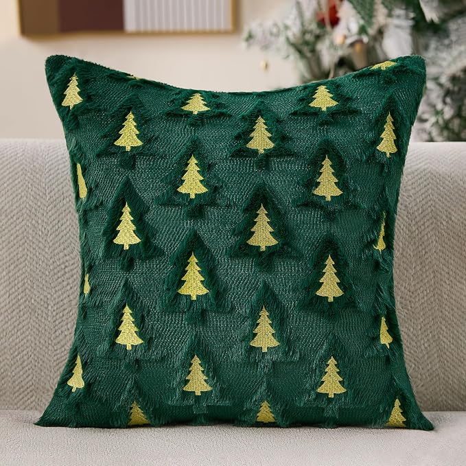 Allorry Christmas Pillow Covers 18x18 Set of 2 Green Double Xmas Tree Pillow Covers Soft Plush Faux Fur Christmas Decorations for Xmas Winter Holiday Home Bedroom Sofa Cushion Cases PT-008A18