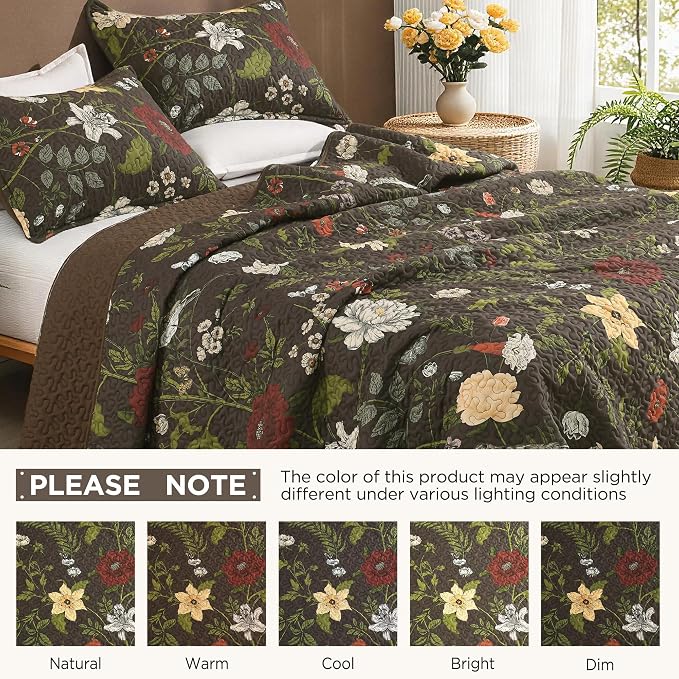 Litanika Floral Dark Brown Quilt Queen - 3Pcs Botanical Birds Bedding Set | Bedspread Summer Lightweight Soft Coverlet with Red Flower for All Seasons (96"x90")