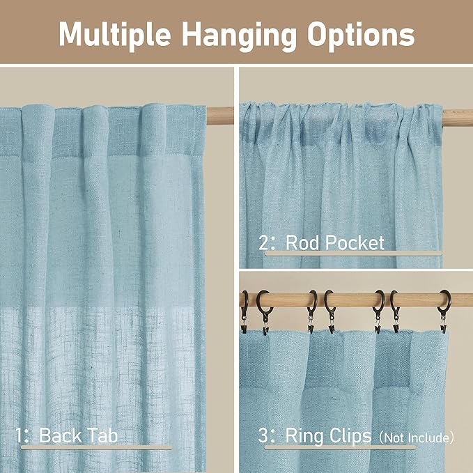 Semi Sheer Window Linen Curtains 54 Inch, 2 Panels, 34 x 54 Inch | Light Filtering Panels, Rod Pocket Back Tab, Country Decor Drapes for Bedroom, Farmhouse, Stone Blue, 2 Panels
