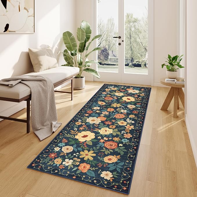 DUKINO 2x6 Runner Rug for Hallway Washable Kitchen Rugs Non Slip, Navy Blue | Low Pile, Soft, Floral Indoor Rug for Entryway, Bedroom, Laundry, Bathroom, Pet Friendly, Lightweight, Modern Home Decor