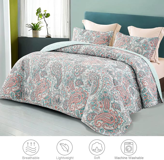 Exclusivo Mezcla Reversible Boho Quilts Queen Size Aqua | Lightweight Soft Bedspreads, All Season Paisley Coverlet Bedding Set, Printed Floral Pattern, 1 Quilt and 2 Pillow Shams