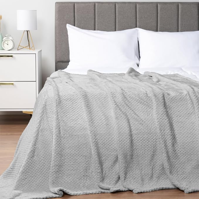 PAVILIA Light Gray Fleece Throw Blanket for Couch Sofa Bed, Soft Fuzzy Waffle Jacquard Microfiber, Warm Lightweight Fade-Resistant Decorative All Season Throw, 50x60