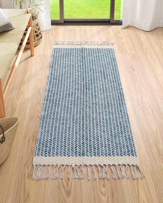 Lahome Boho Bathroom Runner Rug, 2x4.3 Washable Rugs for Kitchen Laundry | Woven Cotton Throw Door Mat with Tassels, Farmhouse Blue Non Shedding Lightweight Low Pile Carpet for Entryway Bedroom