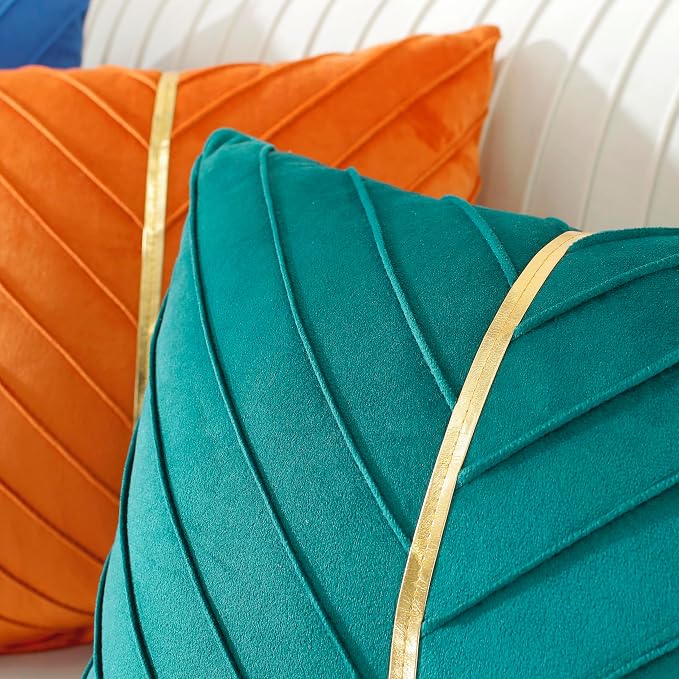 TAOSON Olive Green Gold Leather Velvet Throw Pillow Covers,18 x 18,Set of 2 | Gold Leather Decorative, Cushion Cases, Spring Summer, Sofa Couch Living Room Décor